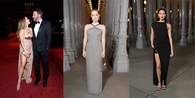 (왼쪽부터)2023 LACMA 아트+필름 갈라에서 구찌를 착용한 제니퍼 로페즈와 벤 에플렉과 비토리아 세레티, 제시카 차스테인