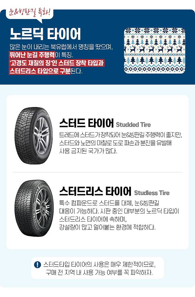 노르딕 타이어 많은 눈이 내리는 북유럽에서 명칭을 땄으며, 뛰어난 눈길 주행력이 특징