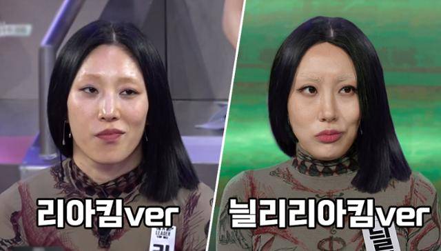 ‘스트릿개그우먼파이터(스개파)’에서 그는 원밀리언의 리더 리아킴(왼쪽)을 패러디해 ‘늴리리아킴’을 연기했다. 썸네일만으로도 “싱크로율 100%”라며 화제가 됐다. 의상은 그려서 만든 것이다. ‘더새비’ 제공