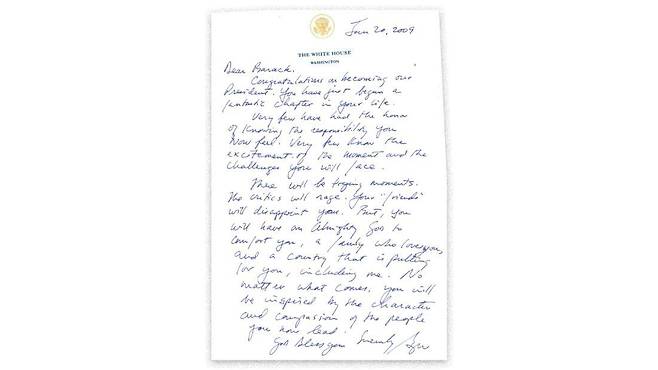 조지 W 부시가 2009년 버락 오바마에게 남긴 편지