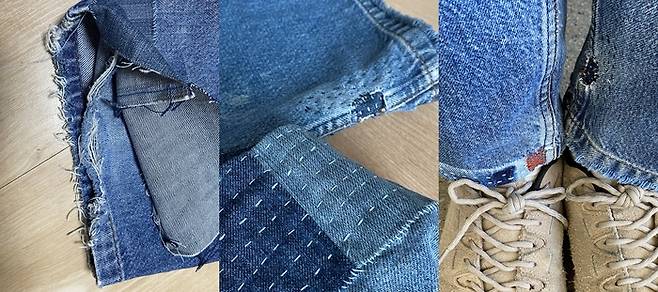 헤지고 미어졌던 부위가 셀프 수선을 거치면 내 옷을 보다 특별하게 만들 수 있다. 한 땀 한 땀 나의 손길이 들어갔기 때문이다. 김민정 제공