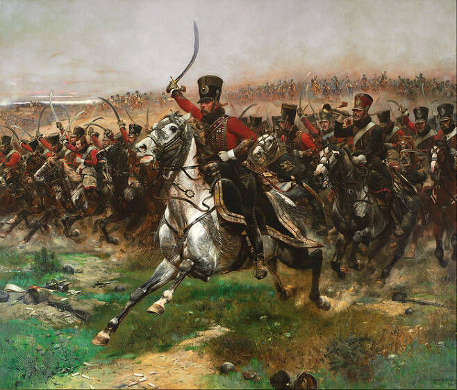 나폴레옹 전쟁 당시 프랑스 최정예 경기병 후사르 부대가 ‘황제를 위하여’라고 외치며 돌진하고 있다.