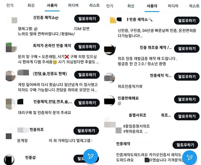 사회관계망서비스(SNS)에 위조 신분증을 제작·판매하는 계정들. /SNS 캡처
