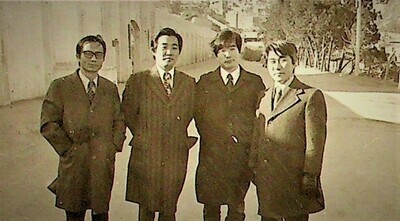1972년 정초, 디제이에게 세배한 뒤 귀가하는 윤형두(오른쪽부터), 임헌영, 김상현 전 국회의원, 한승헌 변호사. 임헌영 제공