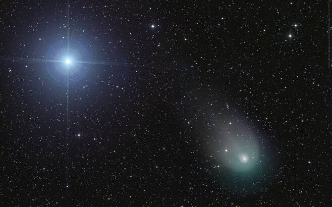 거문고자리의 베가 옆을 지나는 71년 주기의 폰스-브룩스 혜성(오른쪽). 사진=Dan Bartlet