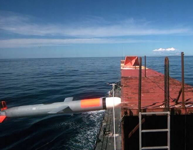 대함 능력을 위한 토마호크 순항미사일 신형 유도부 시험 장면. 출처 : 미 해군.
