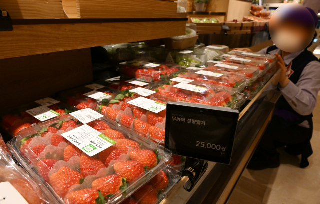 10일 서울 시내 한 백화점에 딸기가 진열돼 있다. 지난 8일 한국농수산식품유통공사(aT)에 따르면 서울 가락시장에서 딸기(특등급) 2㎏는 지난해보다 36.6% 급등한 5만8136원에 거래됐다. / 권욱 기자