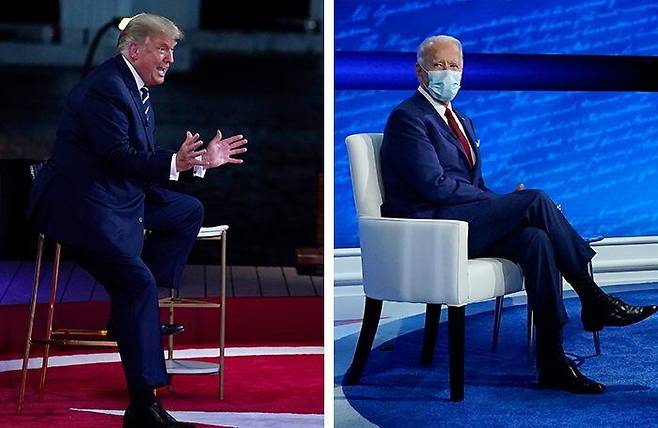 대화 자세마저 너무 다른 두 후보 - 도널드 트럼프 미 대통령이 15일(현지 시각) 마이애미 해변의 한 박물관 야외 스튜디오에서 진행된 타운홀 미팅에서 높은 의자에 반쯤 선 자세로 앉아 손짓을 해가며 발언하고 있다(왼쪽 사진). 조 바이든 민주당 대선 후보는 같은 날 필라델피아 국립헌법센터에서 열린 타운홀 미팅에서 의자에 다리를 꼬고 앉아 카메라를 바라보고 있다. 이날 타운홀 미팅에서 트럼프는 공격적으로 답변했고, 바이든은 안정감을 보여주려 차분하게 임했다는 평가가 나왔다. /AP 연합뉴스