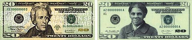 미 백악관은 20달러 지폐 인물을 현재 앤드루 잭슨(왼쪽 사진) 전 대통령에서 흑인 여성 운동가 해리엇 터브먼(오른쪽 사진)으로 바꾸는 것을 추진한다고 밝혔다. 오른쪽 사진은 2019년 6월 뉴욕타임스가 미 연방인쇄국에서 입수했다고 보도한 가안. /미국 연방인쇄국, 로이터 연합뉴스