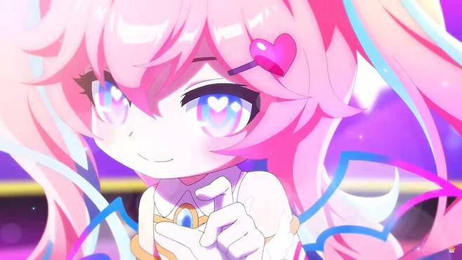 11월23일 공개된 영상에서 넥슨 게임 〈메이플스토리〉의 캐릭터 엔젤릭버스터가 집게손 모양을 만드는 장면. ⓒ온라인 커뮤니티 갈무리