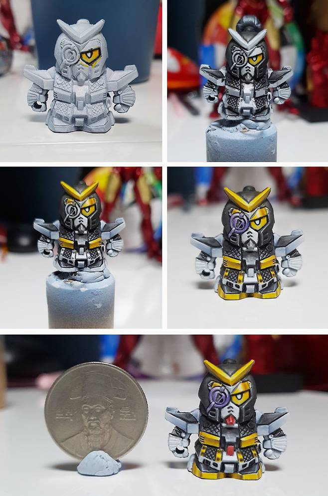 소현국 작가의 도색과정, 동전과 비교되는 크기가 인상적이다.