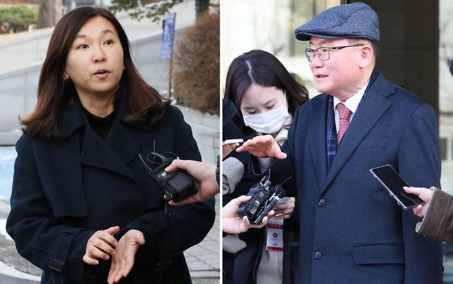 28일 서울 종로구 헌법재판소에서 안동완 부산지검 2차장 검사 탄핵심판 사건의 첫 변론준비기일이 열렸다. 사진은 국회 측 대리인 김유정(왼쪽) 변호사와 안 검사 측 대리인 이동흡 전 헌법재판관. /뉴스1