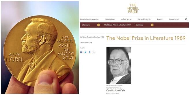 카밀로 호세 셀라는 1989년 노벨문학상을 수상합니다. 노벨상 메달 모습과 노벨상 홈페이지의 카밀로 호세 셀라의 수상기록. [노벨상 홈페이지 캡처]
