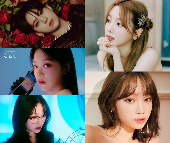 왼쪽부터 시계방향으로 드리핀 황윤성, 로켓펀치 연희, 르세라핌 채원, 루셈블 고원과 현진. 각 소속사 제공