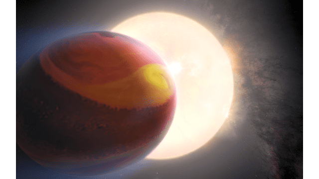 WASP-121b가 항성과 매우 가깝게 공전하는 모습과 행성에서 발생하는 강력한 사이클론을 상상한 이미지 (출처=NASA/ESA/Quentin Changeat(ESA/STScI)/Mahdi Zamani(ESA/Hubble))