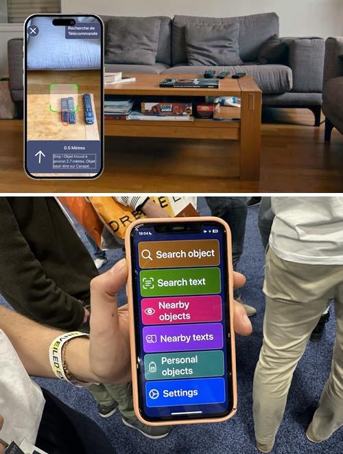 프랑스 스타트업 우리온(Oorion)이 시각장애인을 위해 내놓은 인공지능 애플리케이션(앱) 소개 이미지(위 사진)와 앱 화면. 앱에 대고 
