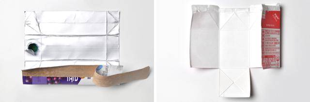 11일 서울 중구 한국일보사에서 촬영한 멸균팩(왼쪽)과 일반팩의 내부 모습. '폴리에틸렌(PE)-종이-PE'로 3겹인 일반팩과 달리 'PE-종이-PE-알루미늄-PE-PE' 6겹의 멸균팩은 알루미늄 박이 덧대어 있어 안쪽이 은색으로 빛납니다. 왼쪽 멸균팩에서 보이는 갈색 부분이 '황색 펄프'로 재활용할 수 있는 자원이 됩니다. 김예원 인턴기자