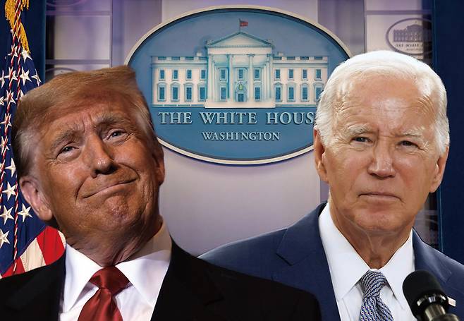11월5일 열리는 미국 대선에서 트럼프 전 대통령(왼쪽)과 바이든 현 대통령의 재대결이 점쳐지고 있다. ⓒ EPA연합·AP연합