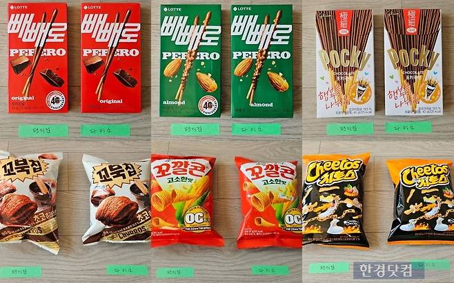 각 사진별 오른쪽 제품이 다이소, 왼쪽 제품이 편의점 상품이다. 다이소 제품의 중량이 4~18g가량 적다. 포장지가 동일해 중량 표시를 자세히 보지 않으면 이 사실을 알기 힘들다. /사진=김영리 기자