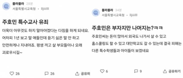주호민 사건 관련 글. 블라인드 캡처