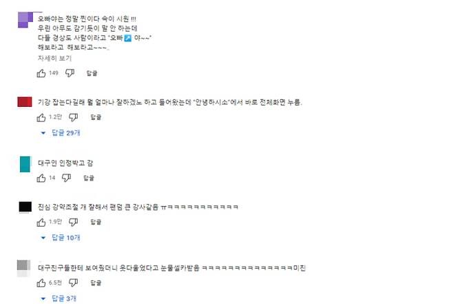 서울 토박이들은 사투리의 단어와 의미에서 신선함을 느낀다는 의견이 대부분이다. 지방 거주자들은 일상의 순간을 잘 짚어준다는 점에서 공감된다는 반응을 보였다. 댓글에서는 "대구 토박이인 내가 왜 이걸 보며 웃고 있는지 모르겠다" "미디어에서 사투리를 과장해서 하곤 하는데 제대로 들으니 너무 편하다" 등의 반응이 나온다./사진=유튜브 채널 '하말넘많' 댓글 갈무리