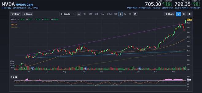 엔비디아 실적 발표 이후, 주가는 사상 최대치를 기록한 상태다. / 출처=핀비즈