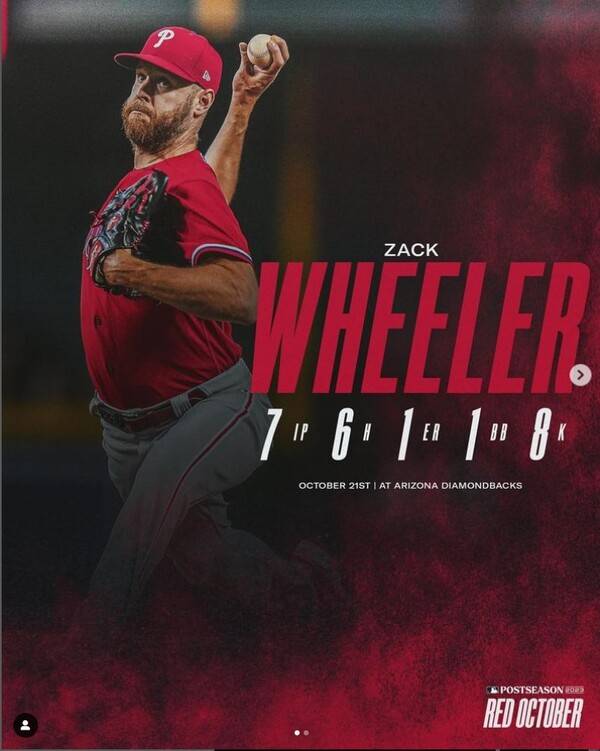 2023년 10월 22일, 잭 휠러가 NLCS 4치전 애리조나 다이아몬드벡스와의 경기에 선발 등판해 7이닝 6피안타 9K 1실점 승리를 거뒀다. 사진┃필라델피아 필리스 SNS