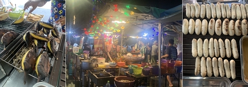 카오산 로드의 먹거리들과 밤을 밝히는 노천 식당 모습