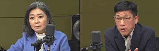 15일 CBS라디오 '박재홍의 한판승부'에 출연한 김행(사진 왼쪽) 전 여성가족부 장관 후보자와 진중원 광운대 교수. 유튜브 화면 캡처.