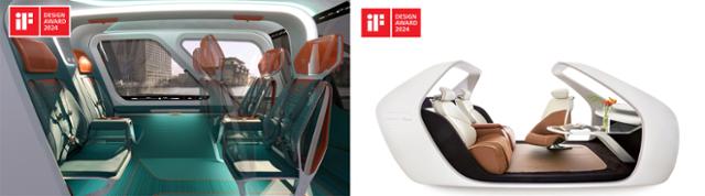 현대트랜시스가 'iF 디자인 어워드 2024'에 출품해 수상한 'UAM 캐빈 콘셉트'(왼쪽)와 '미래 모빌리티 콘셉트 시트' 디자인. 현대트랜시스 제공