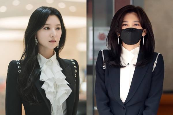 tvN 드라마 '눈물의 여왕'에서 김지원이 착용한 재킷(왼쪽), 이부진 호텔신라 사장이 2022년 주주총회에서 입은 재킷. 모두 알렉산더 맥퀸 제품./사진=tvN, 뉴스1