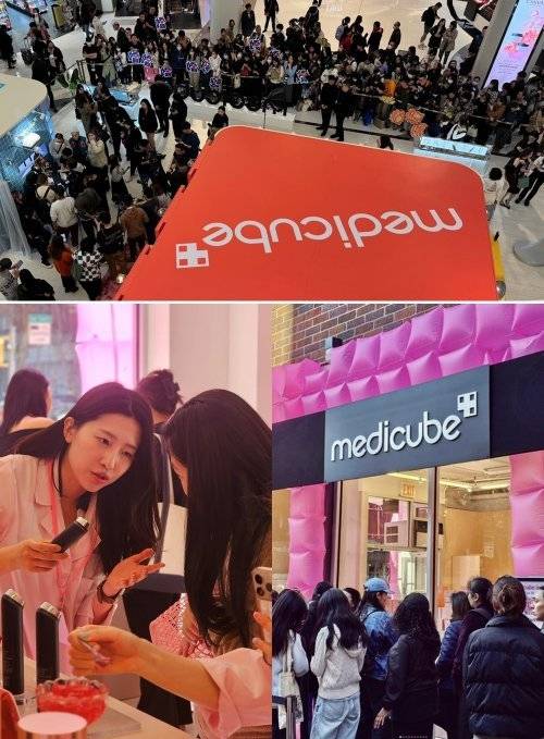 에이피알이 ‘메디큐브 에이지알’을 통해 글로벌 시장 확장에 적극 나서고 있다. 홍콩 몽콕 모코몰에서 운영한 메디큐브 팝업스토어를
찾은 고객들과 미국 뉴욕 소호에 마련한 메디큐브 팝업스토어 전경 및 부스터프로 시연 고객(위부터 시계방향). 사진제공|에이피알