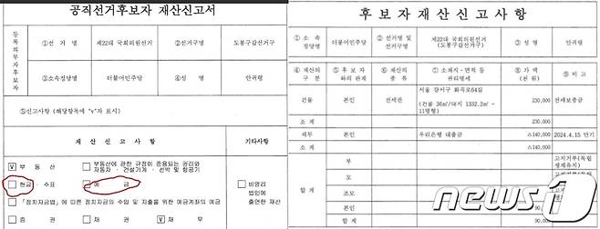더불어민주당 안귀령 서울 도봉갑 후보의 재산 신고 내역. 현금과 예금이 전혀 없다고 밝혔다. (중앙선관위 갈무리) ⓒ 뉴스1