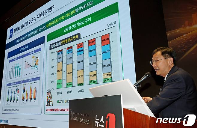 김형석 건설기술인협회 부회장이 26일 서울 여의도 한국거래소 컨퍼런스홀에서 열린 2024 뉴스1 건설부동산포럼에서 '젊은 엔지니어 유입을 위한 워라밸 실현방안은?'를 주제로 발표하고 있다. 10주년을 맞은 이번 건설부동산 포럼은 신도시·메가시티·GTX 속도내는 도시혁신을 주제로 개최됐다. 2024.3.26/뉴스1 ⓒ News1 장수영 기자