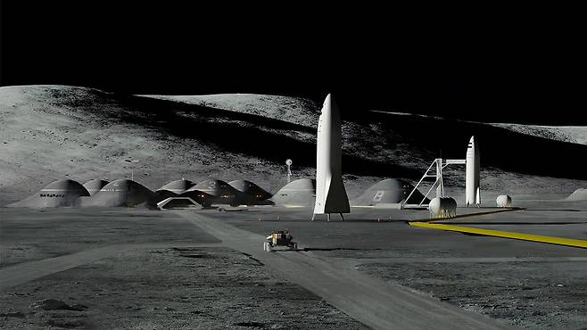 미국 우주기업 스페이스X가 추진하고 있는 '달 기지 알파 (Moon Base Alpha)' 상상도. 미 국방고등연구계획국(DARPA·다르파)은 최근 달 경제 생태계 구축을 위한 6개 기술 분야를 선정했다. 달 자원 탐사를 비롯해 반도체 생산 기지를 만든다는 구상이다./스페이스X