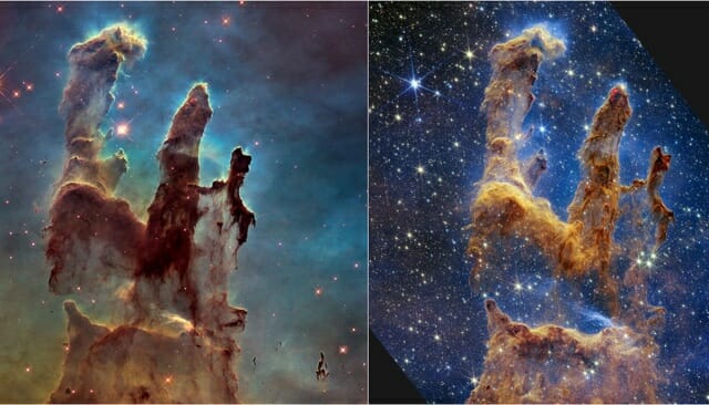 상징적인 창조의 기둥을 허블 우주 망원경(좌측)과 제임스 웹 우주 망원경(우측)으로 촬영한 모습(제공: NASA, ESA, CSA, STScI)