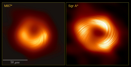 2021년 공개한 M87 은하 중심에 있는 초대질량블랙홀의 편광 영상(왼쪽)과 이번에 공개한 우리 은하 중심에 있는 초대질량 블랙홀 편광 영상(오른쪽) 모습. 두 블랙홀이 질량과 크기가 다름에도 주변에서 나선형의 자기장 구조를 관찰할 수 있다. 천문연 제공