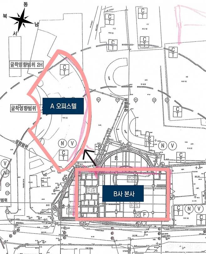 사생활 침해 논란이 생긴 서울 중구 A 오피스텔과 B사 본사 도면.