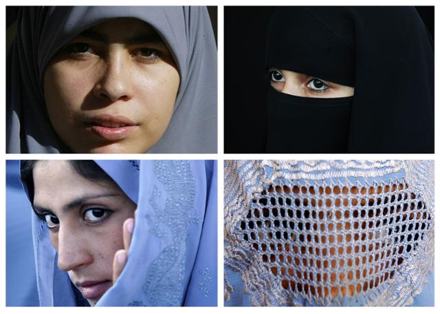이슬람 여성이 착용하는 다양한 무슬림 복장. 히잡(왼쪽 위부터 시계 방향으로)과 니캅, 부르카, 차도르. 프랑스는 2004년 공립학교 내 히잡 착용을 금지했고, 2010년에는 공공장소에서 얼굴 전체를 덮는 베일을 착용하는 것도 금지했다. AFP 연합뉴스