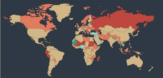 위 지도는 2022년부터 2023년까지 자유지수의 변화를 보여주고 있다. 자유가 축소된 지역은 붉게 표시되었다. 출처: Freedom House ‘Change in Freedom Score from 2022 to 2023’