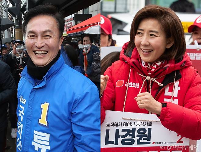 (서울=뉴스1) 유승관 기자,임세영 기자 = 4·10 총선 공식 선거운동이 시작된 28일 서울 동작을에 출마한 류삼영 더불어민주당 후보(왼쪽)와 나경원 국민의힘 후보가 각각 사당로와 이수역 일대에서 유권자들과 만나 지지를 호소하고 있다. 2024.3.28/뉴스1 Copyright (C) 뉴스1. All rights reserved. 무단 전재 및 재배포, AI학습 이용 금지. /사진=(서울=뉴스1) 유승관 기자,임세영 기자