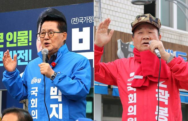 박지원 더불어민주당 해남완도진도 후보가 28일 해남 버스터미널앞에서 유권자들에게 지지를 호소하고 있다(왼쪽). 해남진도완도 국민의힘 곽봉근 후보가 2일 진도읍 한 시장에서 트럭 유세를 하고 있다./뉴스1·김민기 기자