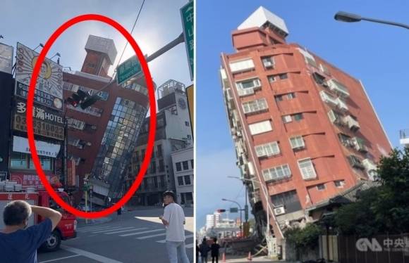 3일 오전 7시 58분경 대만 동부 화롄에서 남동쪽으로 7㎞ 떨어진 지역에서 규모 7.4의 강한 지진이 발생해 기울어진 건물들