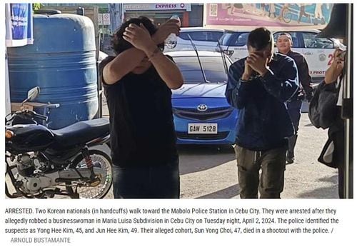 지난 2일(현지 시각) 필리핀 세부에서 한국인 집을 털다가 경찰과 총격전 끝에 체포된 한국인 강도 용의자 2명의 모습. /필리핀 선스타