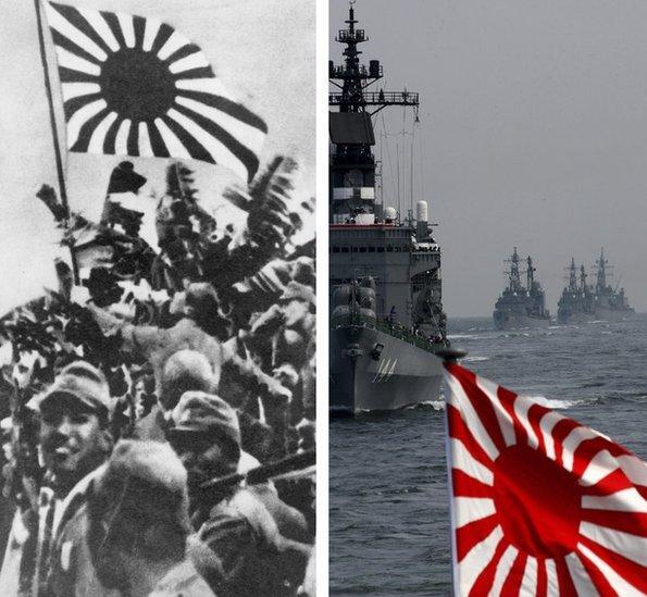 제2차 세계대전 당시 일본군(왼쪽)과 현대 해상자위대의 함정에 욱일기가 걸려있다. 게티이미지뱅크