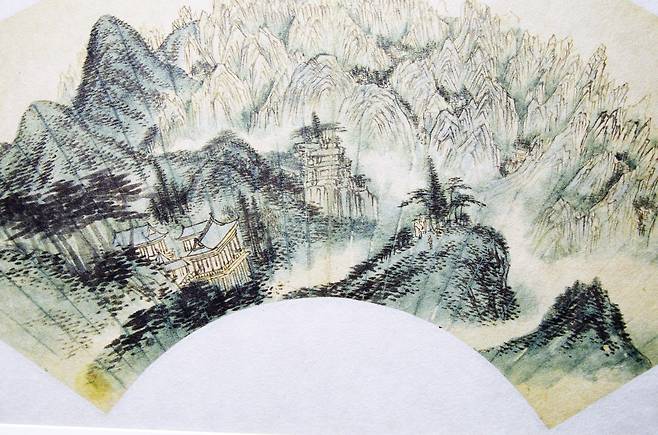 정양사도(복제품). 정양사 맞은편 봉우리에서 정양사를 보는 사람들이 있다.