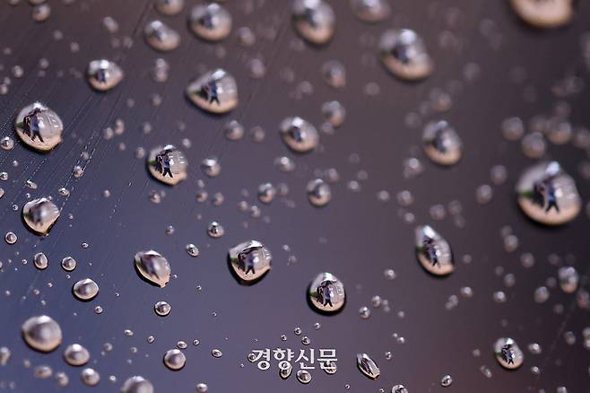 서울 시내 한 유리창에 맺힌 빗방울에 우산을 쓴 시민들이 담겨 있다.