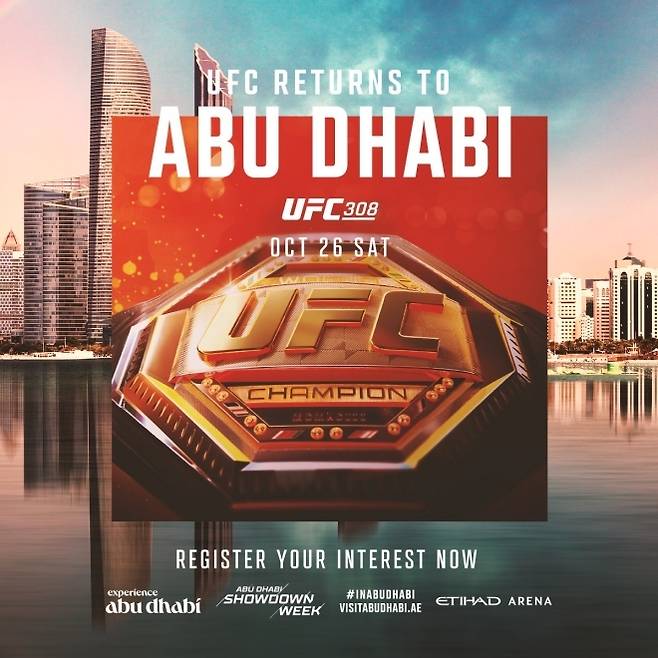 세계 최고의 종합격투기(MMA) 단체 UFC와 아부다비 문화관광청은 오는 10월 26일 아랍에미리트(UAE) 아부다비 에티하드 아레나에서 큰 기대를 받는 타이틀전이 메인 이벤트인 UFC 대회를 개최한다고 발표했다. 사진=UFC 제공