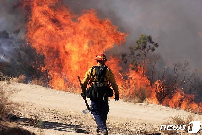 31일(현지시간) 미국 캘리포니아주 아구앙가 지역에서 발생한 산불을 진압하기 위해 소방관이 걸어가고 있다. 2023.11.01 ⓒ AFP=뉴스1 ⓒ News1 정지윤 기자