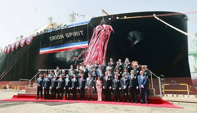18일 삼성중공업 거제조선소에서 대형 LNG 운반선 ‘오리온 스피릿호’ 명명식이 열렸다. 산업통상자원부 제공